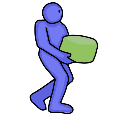  a blue figure walking holding a light green squareish object